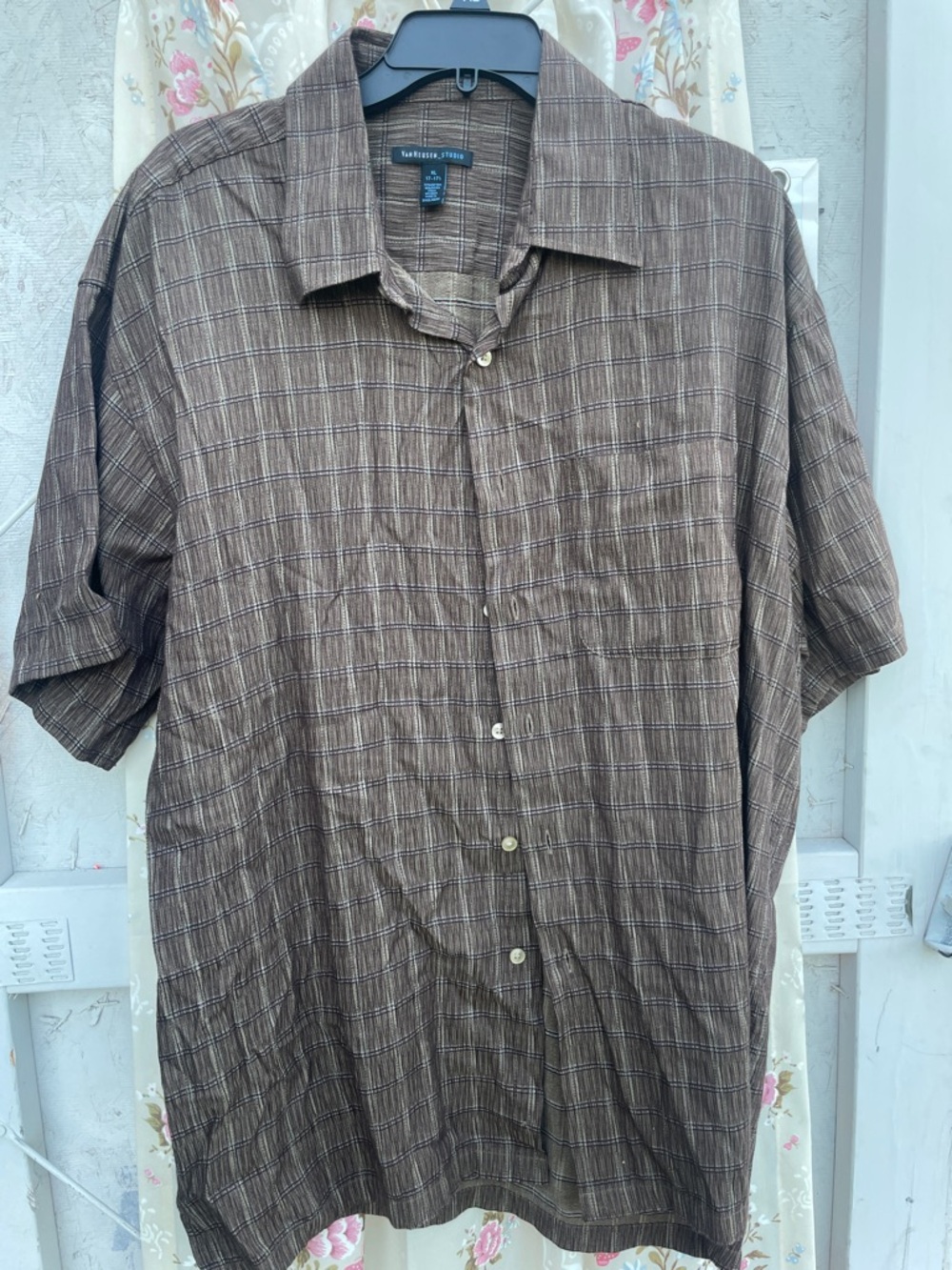 Van Heusen Brown Plaid Short Sleeve Button-Down Shirt